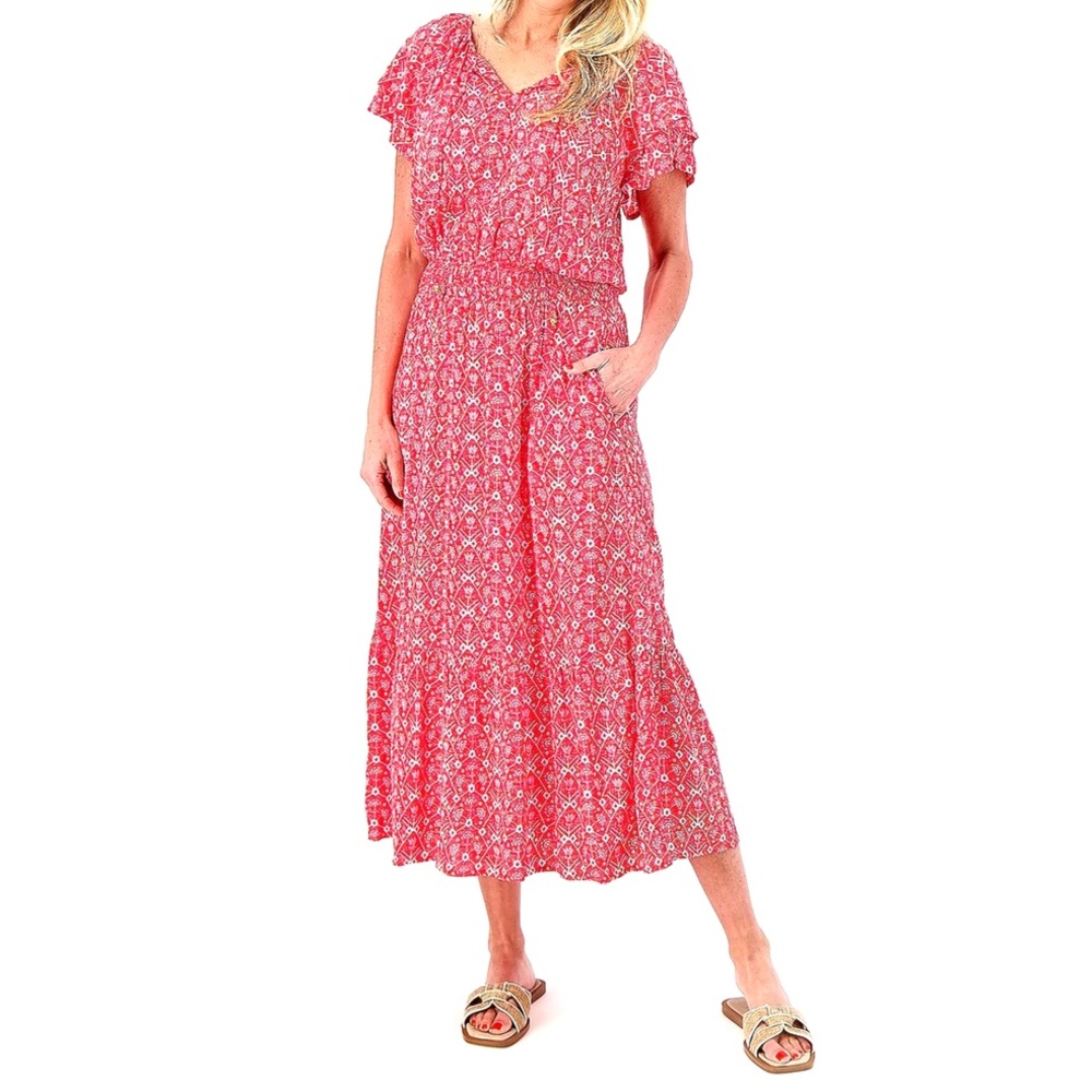 Destination 365 Printed Short-Sleeve Red & White Midi Dress Sz L
